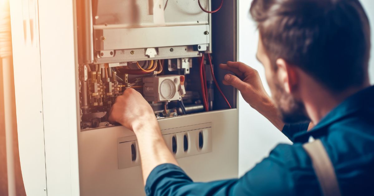 Technician repairing a furnace in Bandon home.